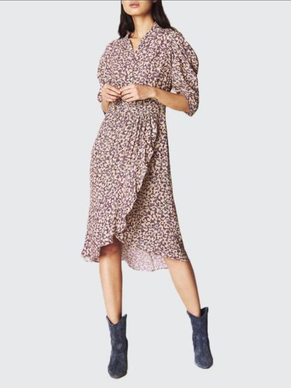 ba&sh Mauve and Cream Floral Wrap-Style Midi Dress